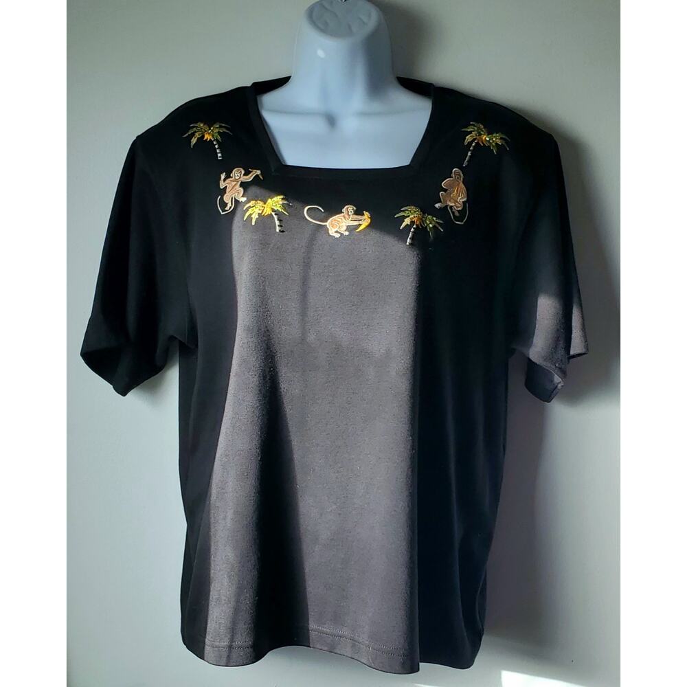 Vintage Lisa Intll Embroidered Monkey Black Short Sleeve Shirt Size L Granny